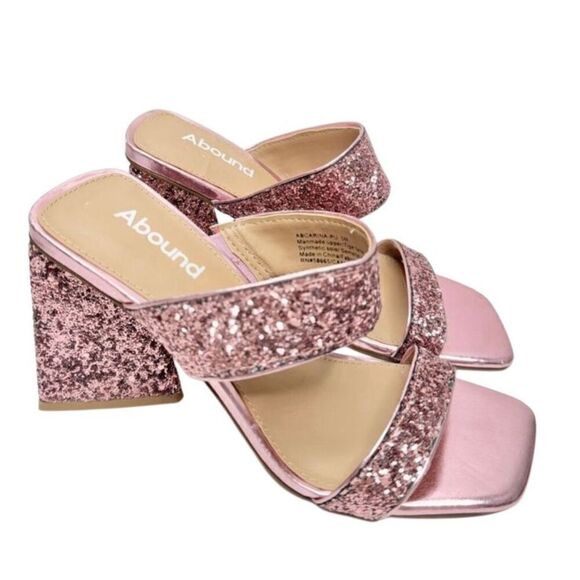 Abound Sandals Size 5 Pink Double Strap Glitter Slip On Open Square Toe Heels - Picture 1 of 8